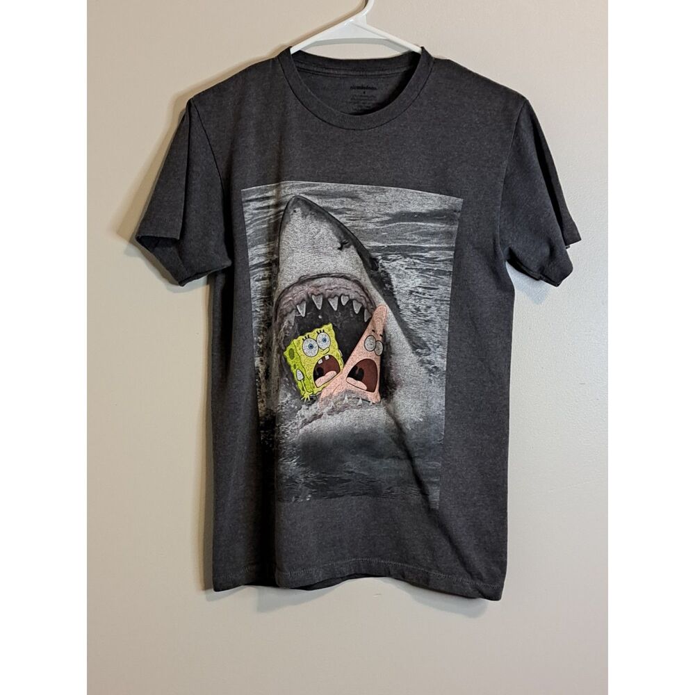Nickelodeon SpongeBob & Patrick Shark Attack Graphic T-Shirt Small Charcoal Grey